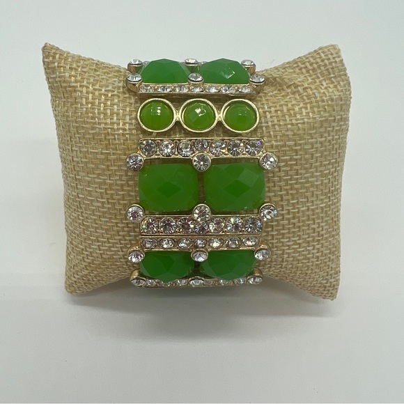 Green Enamel Stone and Clear Rhinestone Stretch Bangle - Picture 9 of 10